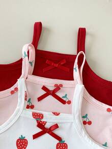 SHEIN Playful Pals 3件套女童夏季针织连体衣，可爱樱桃草莓图案纯色无袖连体衣，适合居家、休闲、外出、派对穿着 - 彩色 - 查看 8