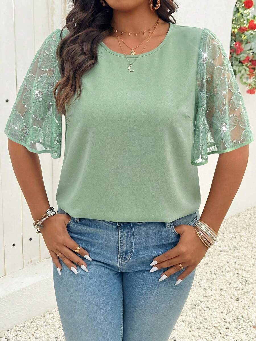 EMERY ROSE Women's Plus Size Long Blouse With Flounce Half Sleeves And Subtle Sheer Details,Plus Size Round Neck Petal Sleeve Minimalist Elegant Blouse - Cadet Blue - View 1