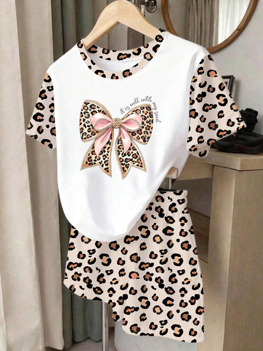 2 pièces/Set T-shirt à nœud papillon imprimé léopard et short pour jeunes filles, style décontracté confortable pour l'été et l'automne, convient pour le port quotidien - Blanc - Voir 1
