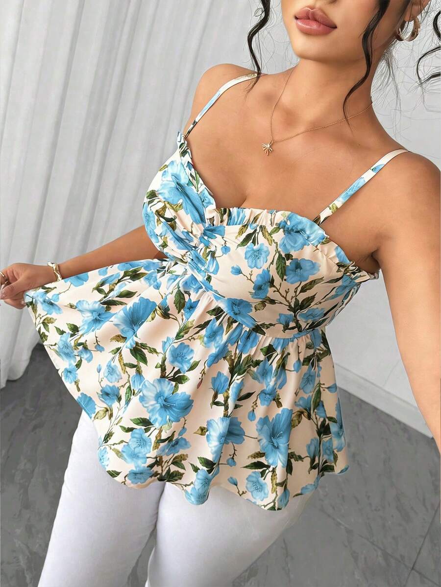 Elenzga Elegant Women Floral Print Camisole Top, Suitable For Beach Vacation, Dating, Casual Outings, Best Summer Holiday Top - Blue - View 1