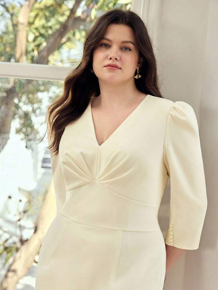 PLUS ELEGANT PETAL SLEEVE MIDI DRESS WITH FRONT PLEATS, ROMANTIC WEDDING GUEST DRESS
