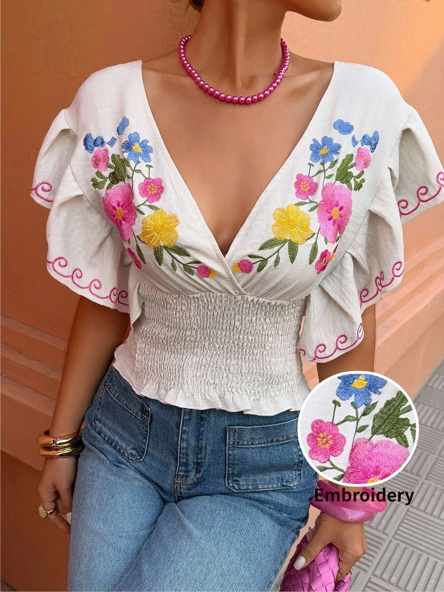 Flora Isola Flora Isola Standard Size Women's Casual Vacation Shirt With Cross Collar And Floral Embroidery, Spring/Summer - Multicolor - View 1