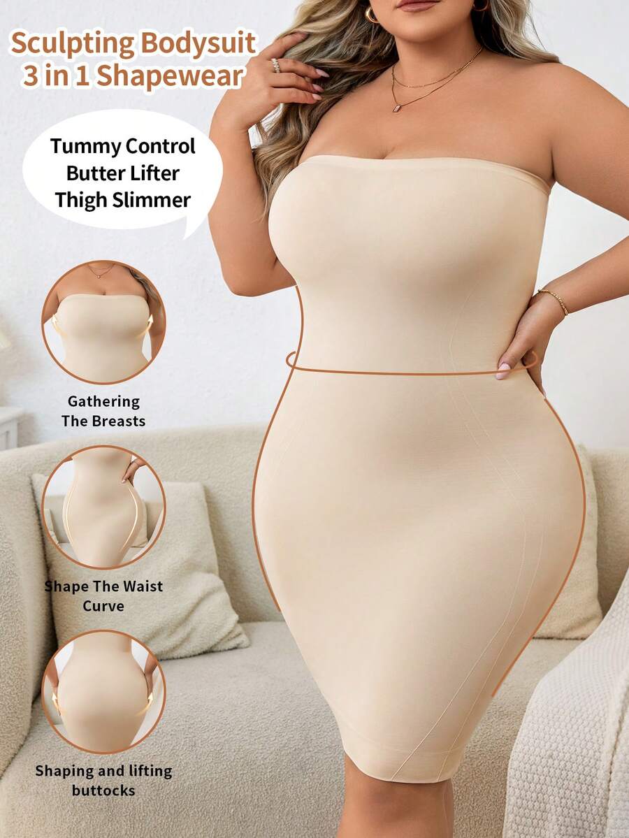 SHEIN Plus Size Women's Slimming Dress, Chest & Waist Compression, 1pc, Lift - Beige - View 1