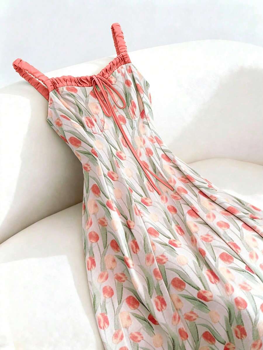 GlowEve Tulip Print Dress, Artistic Floral Sleeveless Summer Vacation Dress - Multicolor - View 1