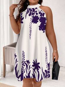 SHEIN Clasi Plus Size Women Plant Print Halter Neck Dress, Suitable For Summer - Purple - View 5