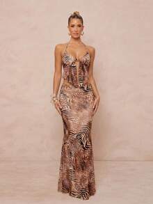 Lumalex Bộ đồ hai mảnh gợi cảm dành cho nữ: áo crop top hở lưng buộc dây phía trước và chân váy đuôi cá, họa tiết da báo, phong cách đi biển/nghỉ dưỡng. - Rỉ Nâu - Xem 4