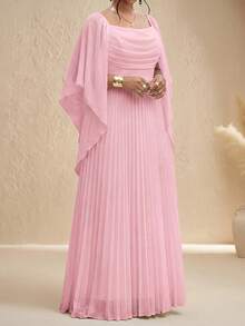 大码优雅纯色褶皱连衣裙，适合派对穿着 - 粉色 - 查看 3