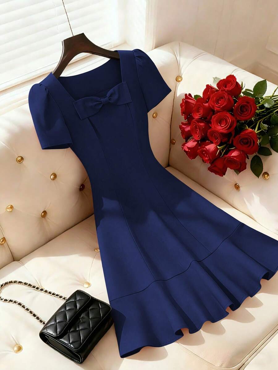 SHEIN Franclia 女士纯色方领花瓣袖蝴蝶结装饰优雅夏季连衣裙 - 藏蓝色 - 查看 1