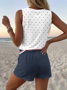 SHEIN LUNE Vintage Casual Anchor, Polka Dot & Striped Pattern 2-Piece Set - Round Neck Tank Top & Shorts, Suitable For Summer, Retro Style - Multicolor - View 2
