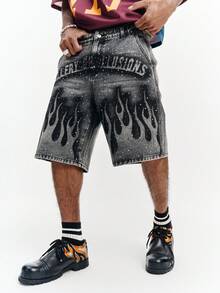 PAVTROS 休闲宽松做旧火焰印花水钻装饰短裤，美式风格 - 灰色 - 查看 7