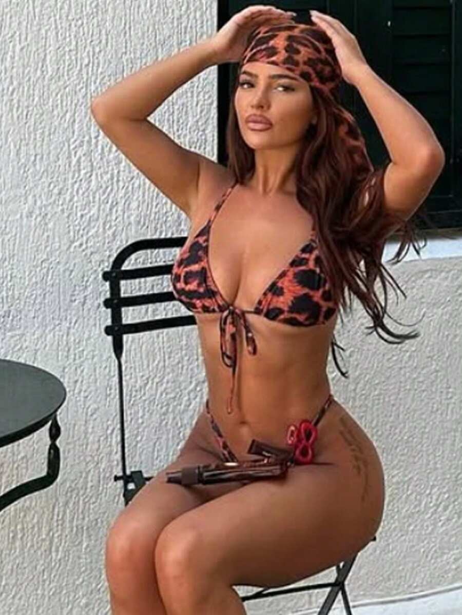 Swim SXY Women's New Leopard Print Backless Bikini Swimwear Set, Fashionable Sexy For Beach Golf Vacation, Spring/Summer White - Brown - View 1