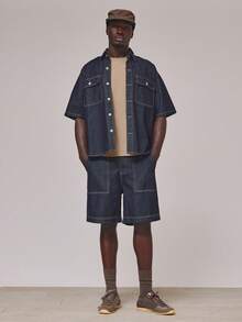 Musero Oversized Short Sleeve Collared Dropped Shoulder Contrast Stitch Double Flap Pocket Button Through Denim Shirt Spring Summer Essentials Holiday - Dark Wash - View 1