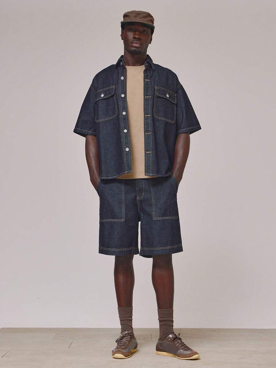 Musero Oversized Short Sleeve Collared Dropped Shoulder Contrast Stitch Double Flap Pocket Button Through Denim Shirt Spring Summer Essentials Holiday - Dark Wash - View 1