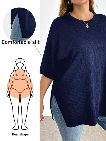 Shapeblank Plus-Size Women's Spring/Summer Fashion Casual Loose Comfortable Everyday Basic Versatile Slimming Textured Black Short-Sleeved T-Shirt,Summer Outfits,Oversize Tops,Simple Style,Going Out Tops