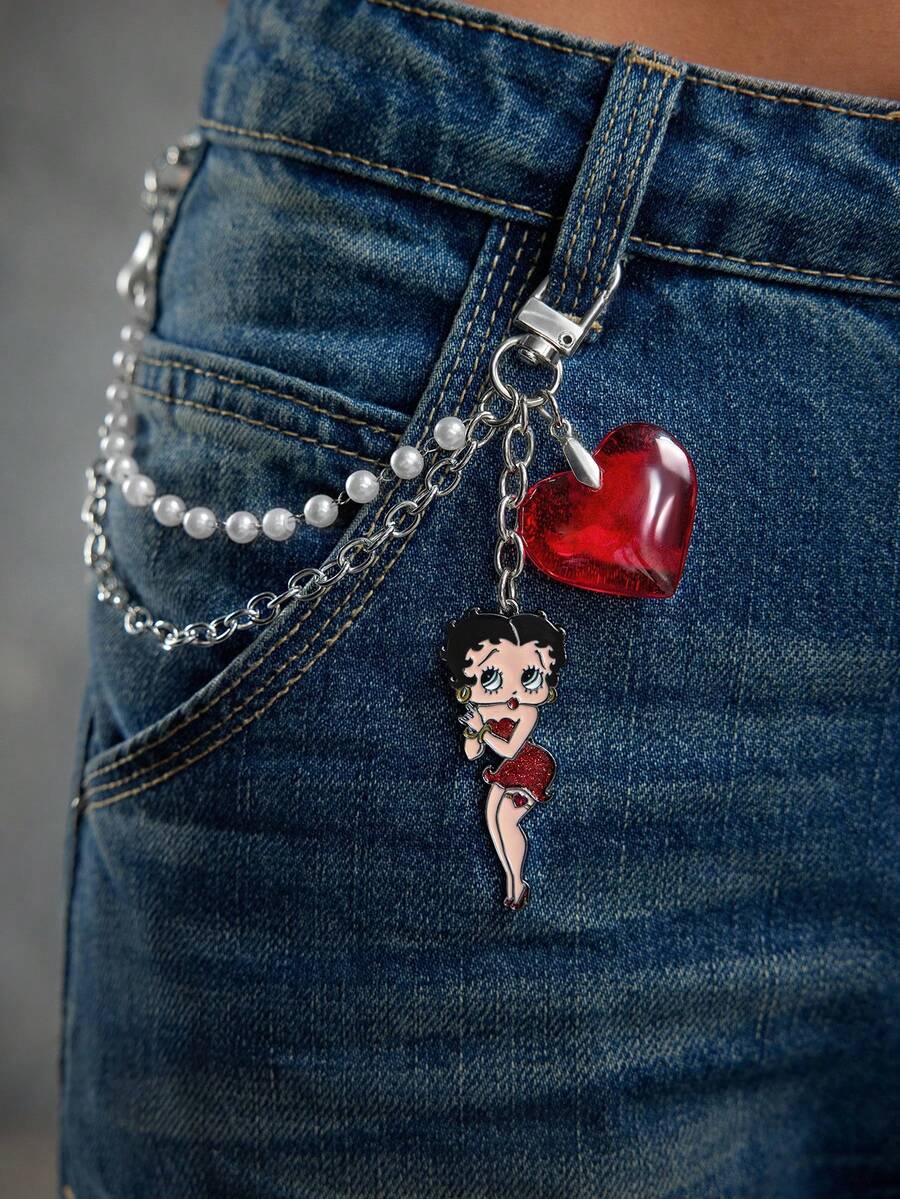 Betty Boop x SHEIN Mặt dây chuyền túi xách hình trái tim đính ngọc trai giả, phụ kiện trang trí túi xách dành cho nữ, ngọt ngào và dễ thương, chủ đề tình yêu, nụ hôn, quà tặng, tiệc tùng, ngày lễ, Ngày Valentine. - Nhiều màu - Xem 1