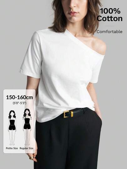 Ontre Petite 2026 Camiseta casual de manga corta con cuello asimétrico para MUJER PETITE, para uso en verano, top con hombros descubiertos, adecuado para el Día de San Valentín, primavera, oficina, club, estilo vintage, casual, urbano, de tejido de punto y tejido, cómodo para el verano, moda urbana minimalista, adecuado para maestras, talla pequeña, versátil, casual, oficina, playa, graduación