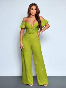 SOLERSUN Bộ jumpsuit thời trang thanh lịch dành cho nữ, cổ chữ V, trễ vai, tay bồng, chất liệu lấp lánh, thích hợp cho tiệc tùng, hộp đêm, câu lạc bộ đêm, ống rộng, dáng ôm sát, hẹn hò. - màu xanh lá - Xem 8