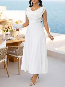 Fleurora 大码女士优雅撞色蕾丝垂褶领口收腰派对礼服，夏季白色连衣裙，优雅珍珠白色连衣裙，彩排晚宴礼服，新娘礼服，新娘婚纱，婚礼宾客优雅礼服，特殊场合礼服，新娘礼服，女士婚纱，白色正式礼服，优雅女士礼服，婚礼宾客礼服，女士礼服，经典休闲婚纱，新娘送礼会礼服，女士礼服，优雅经典女士礼服，正式服装 - 白色 - 查看 4