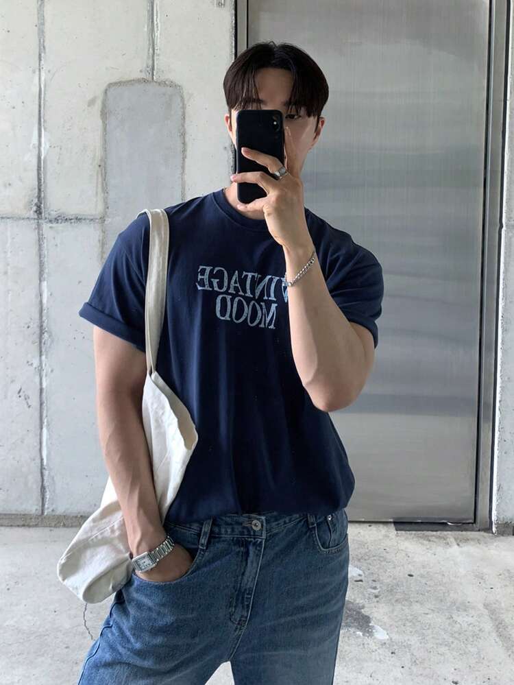 Navy Blue Letter Print Short Sleeve T-Shirt For Men