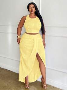 Slaydiva Slayr Plus Size White Solid Slim Fit 2 Pieces Outfit 2pcs/Set - Light Yellow - View 3