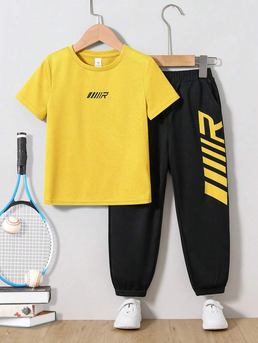 SHEIN 2pcs/Set Young Boy Casual Minimalist Letter Print Crew Neck Sweatshirt And Sportswear - Yellow - View 1