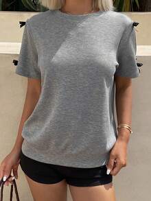 DAZY 撞色蝴蝶结装饰圆领宽松女式卫衣 - 灰色 - 查看 3