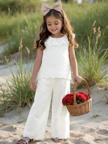 LMoss Kids LMoss  2pcs Young Girl Woven Solid Color Embroidered Ruffle Collar Camisole And Long Pants Set - White - View 3
