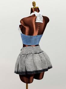 SHEIN Áo kiểu denim cổ yếm phối ren tương phản, khóa kéo phía trước dành cho nữ, trang phục nữ, phong cách Y2K. - Màu xanh lam - Xem 2