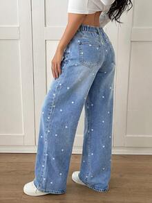SHEIN PETITE PETITE 女款 Y2K 高腰阔腿牛仔裤，浅蓝色酸洗爱心印花细节，宽松牛仔裤，带口袋，完美打造街头风和日常穿搭。女士休闲宽松阔腿蓝色牛仔裤，复古牛仔裤，海军蓝牛仔裤，蓝色返校季牛仔裤，喇叭裤型女式牛仔裤。 - 藍色 - 查看 6