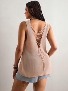 Freevana 女士无袖吊带背心，丝滑面料，宽松版型，性感V领露背设计，适合夏季内搭西装外套或外穿 - 杏色 - 查看 2