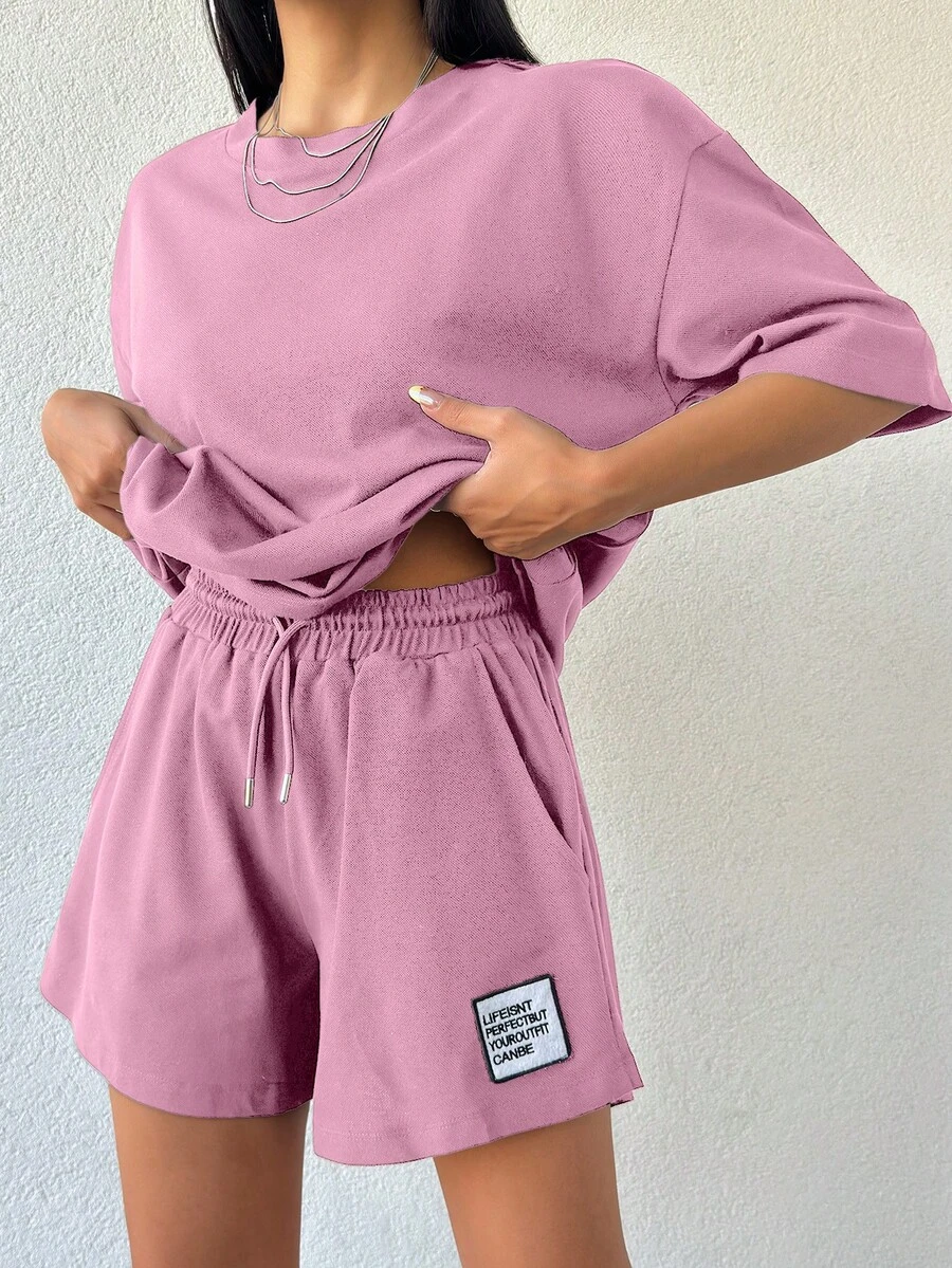 EURMUSE Áo thun nữ trơn màu 100% cotton và quần short thêu họa tiết - Hồng - Xem 1