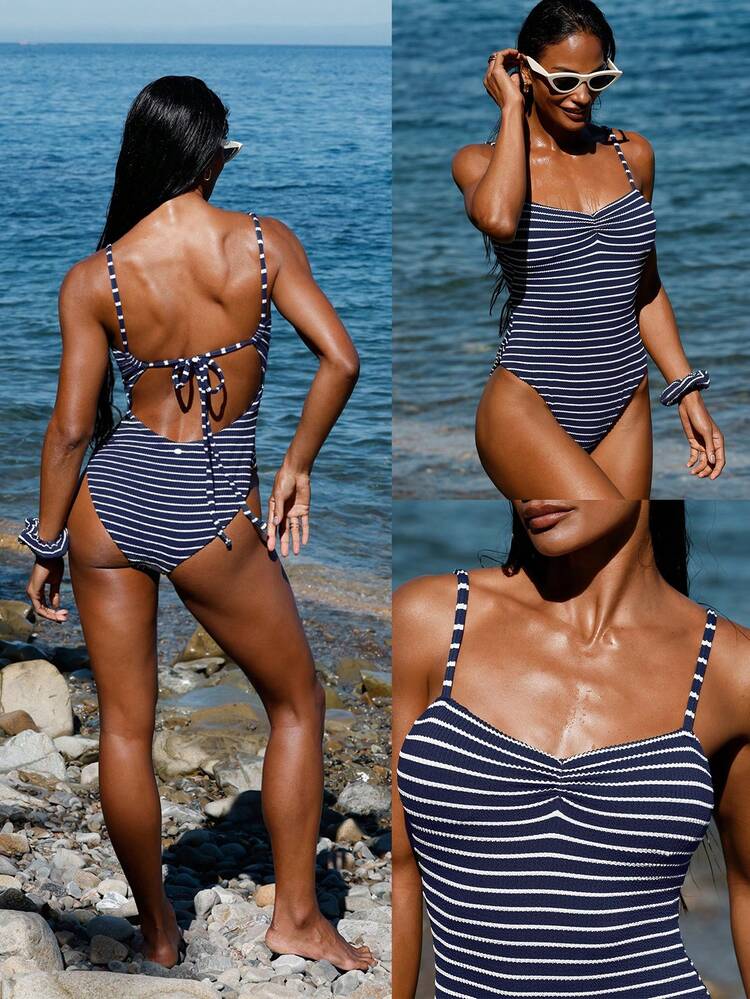 Traje de baño de una pieza con tiras, espalda abierta y copas resistentes al cloro, ideal para vacaciones y uso casual en verano