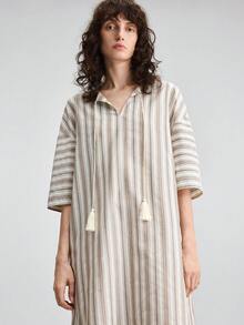 Ontre Blue And White Striped Tassel Tie-Up Short Sleeve Side Slit Summer Casual Vacation Women's Dress Elegant Minimalist Urban Commute Beach Holiday Party - Multicolor - View 5