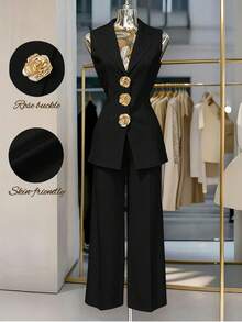 SHEIN Franclia Women's Metal 3D Floral Button Vest And Pants Elegant Suit Set - Black - View 1