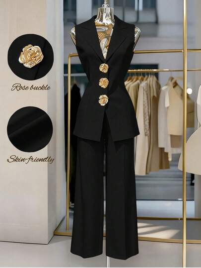 Franclia Women's Metal 3D Floral Button Vest And Pants Elegant Suit Set