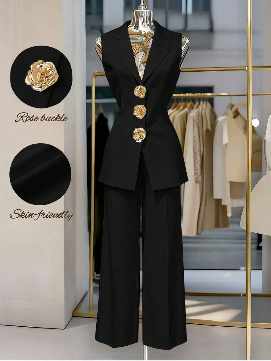 SHEIN Franclia Women's Metal 3D Floral Button Vest And Pants Elegant Suit Set - Black - View 1