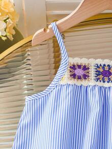 Elladie kids Đầm kẻ sọc tối giản cho bé gái (size nhỏ) với viền hoa móc nhiều màu sắc, đầm chữ A hai dây thoải mái, thích hợp cho mặc hàng ngày và đi nghỉ mát. - Màu xanh lam - Xem 6