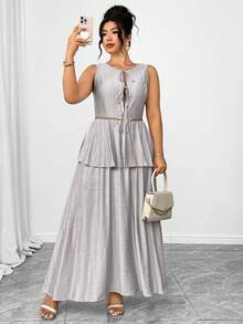 Elenzga Đầm cỡ lớn chất liệu giả vải lanh, cổ tròn, không tay, điểm nhấn là nhiều lớp nơ, viền bèo nhún, dáng chữ A, kiểu dáng thanh lịch thường ngày, thích hợp cho đi chơi, dự tiệc hoặc đi nghỉ mát. - Xám - Xem 4