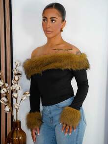 SAYEHFBABY 毛绒领拼接露肩长袖T恤，时尚优雅，秋冬 - 彩色 - 查看 1