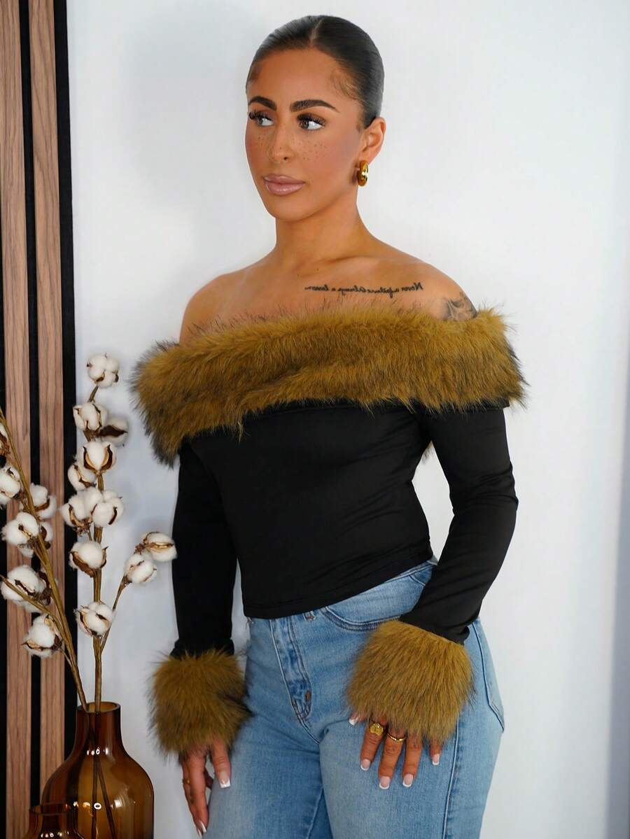 SAYEHFBABY 毛绒领拼接露肩长袖T恤，时尚优雅，秋冬 - 彩色 - 查看 1