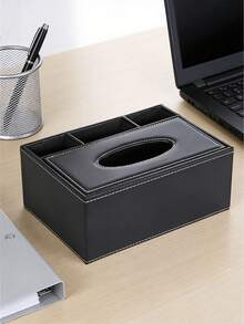 Desktop Organizer - Office Supplies Storage Box - PU Leather Multi-Functional Organizer - For Pens/Pencils, Mobile Phones, Business Cards, & Remote Controls - Black - Black - View 5