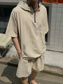 DAZY 卡其色男士短袖连帽半拉链抽绳下摆衬衫套装，搭配同款短裤，夏季款 - 卡其色 - 查看 7