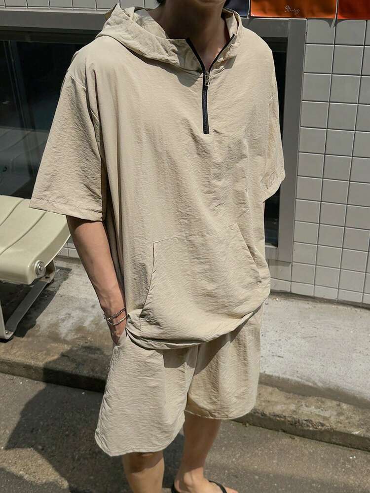 Khaki Men's Shirt Set With Short Sleeve Hooded Half-Zip Drawstring Hem Design And Matching Shorts