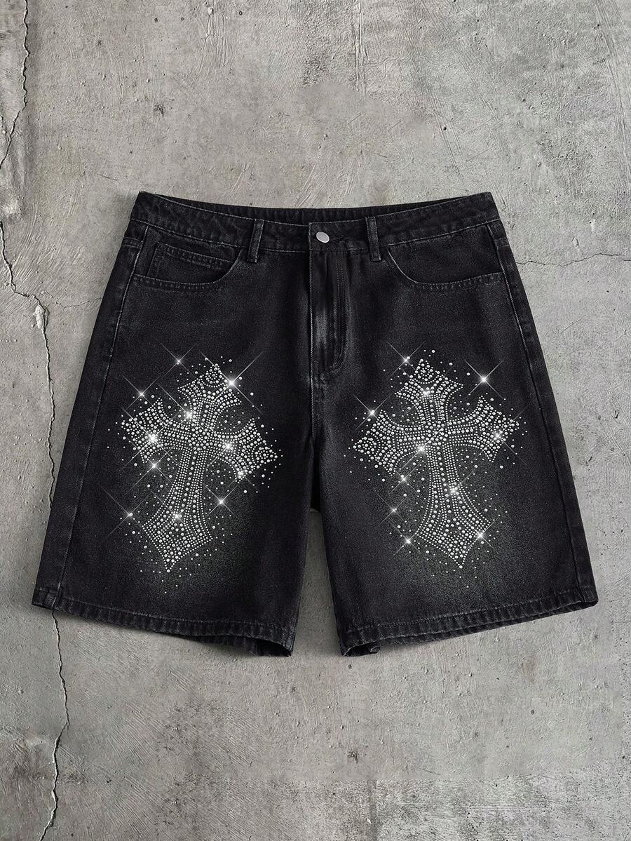 AXEPEAK Men's Black Shorts With Fashionable Rhinestone Embellishments - Black - View 1