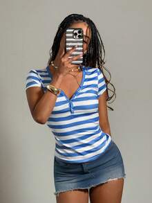 EgrlEra Women's Button-Up V-Neck Short Sleeve Striped T-Shirt - Multicolor - View 1