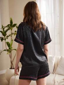 Conjunto de pijama de satén con ribete de contraste - Negro - Ver 2