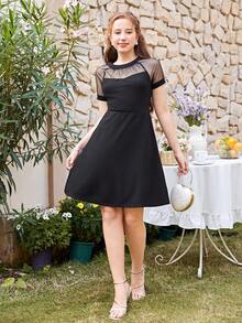 Girlism Vestido casual de unicolor para adolescentes, de punto combinado con malla transparente - Negro - Ver 6