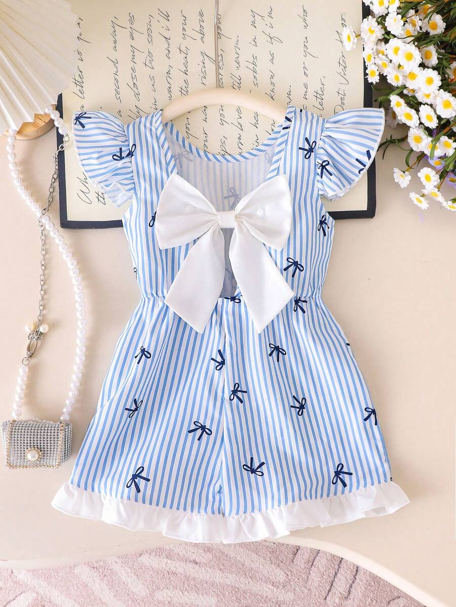 Elladie kids 女童蓝白条纹荷叶边无袖连体衣,优雅舒适的夏季服装 - 藍色 - 查看 1