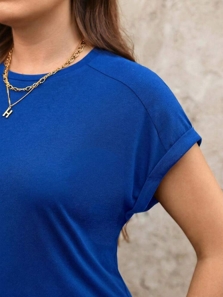 SHEIN LUNE Camiseta casual de manga corta de unicolor con diseño de murciélago para mujer de talla grande, camiseta lisa para usar con jeans, blusas casuales elegantes de manga corta para mujer, blusas de verano para mujer de talla grande, blusas y camisetas para mujer, regalo del Día de la Madre - azul real - Añade 4