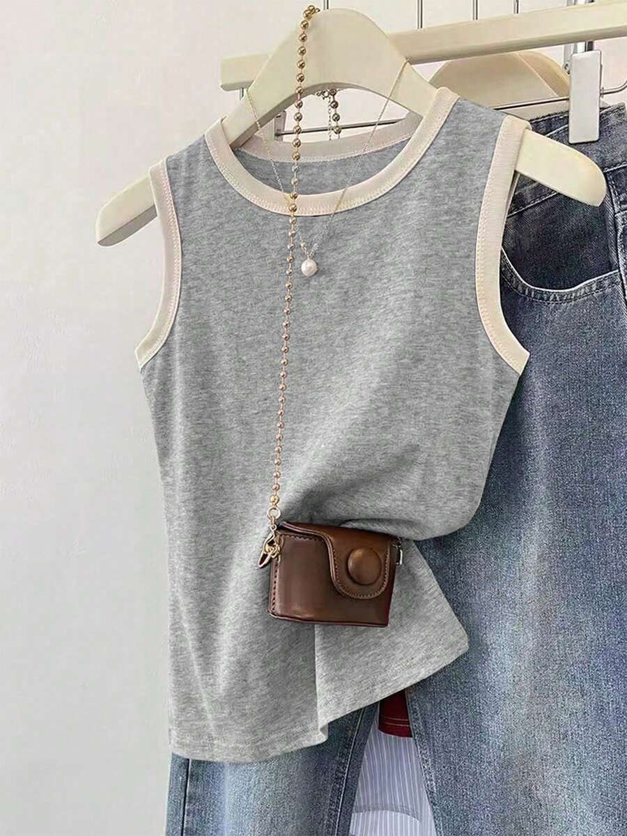 INAWLY Women's Casual Versatile Contrast Trim Round Neck Camisole For Summer - Grey - View 1